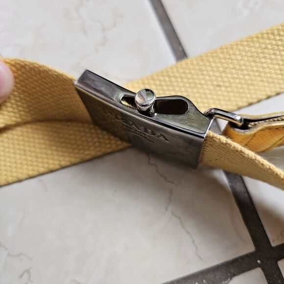 PRADA Waist Belt Yellow Nylon Fabric Silver Logo Buckle Size 36 Made In Italy - Picture 8 of 15